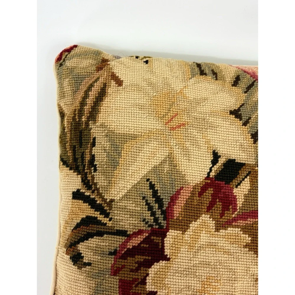 Vintage Floral Needlepoint Pillow Square Velvet Back Cottagecore 12